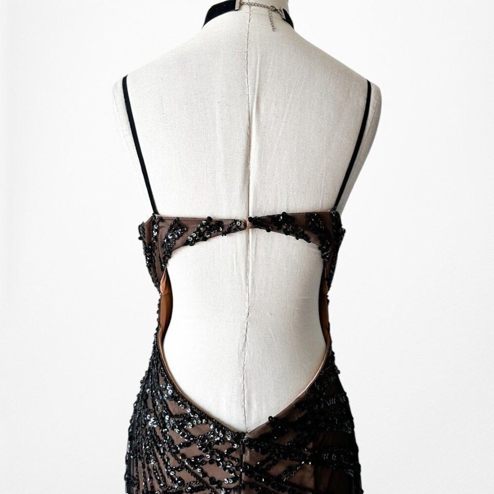 Vintage Y2K Brown Black Beaded Mesh Maxi Bodycon Side Slit Prom Dress Size M/L - Picture 13 of 13